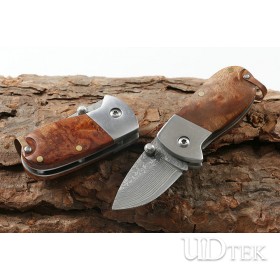 Damascus steel mini Q folding knife with wood box UD4051841